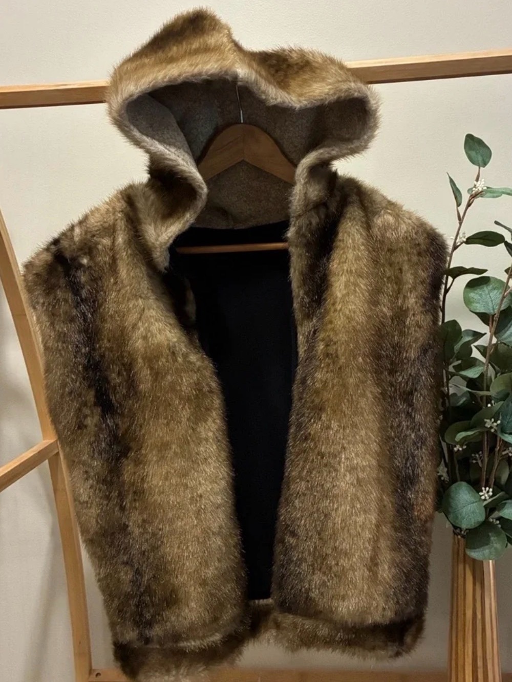 Faux Fur Hooded Vest in Brown